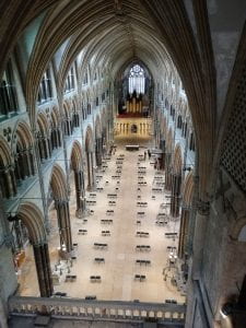 A picture of the view of the nave of Lincoln cathedral from the roof.